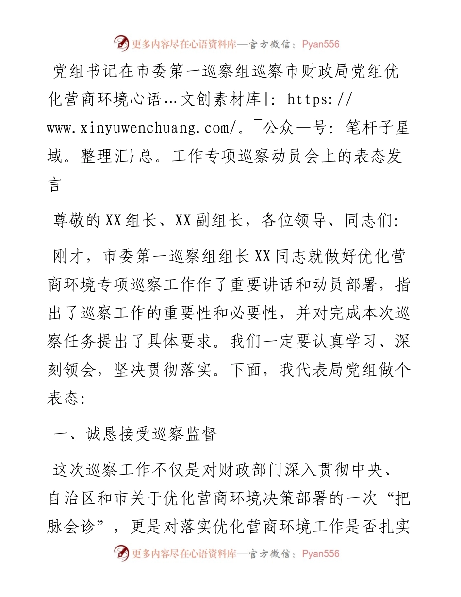 党组书记在市委第一巡察组巡察市财政局党组优化营商环境工作专项巡察动员会上的表态发言.docx_第1页