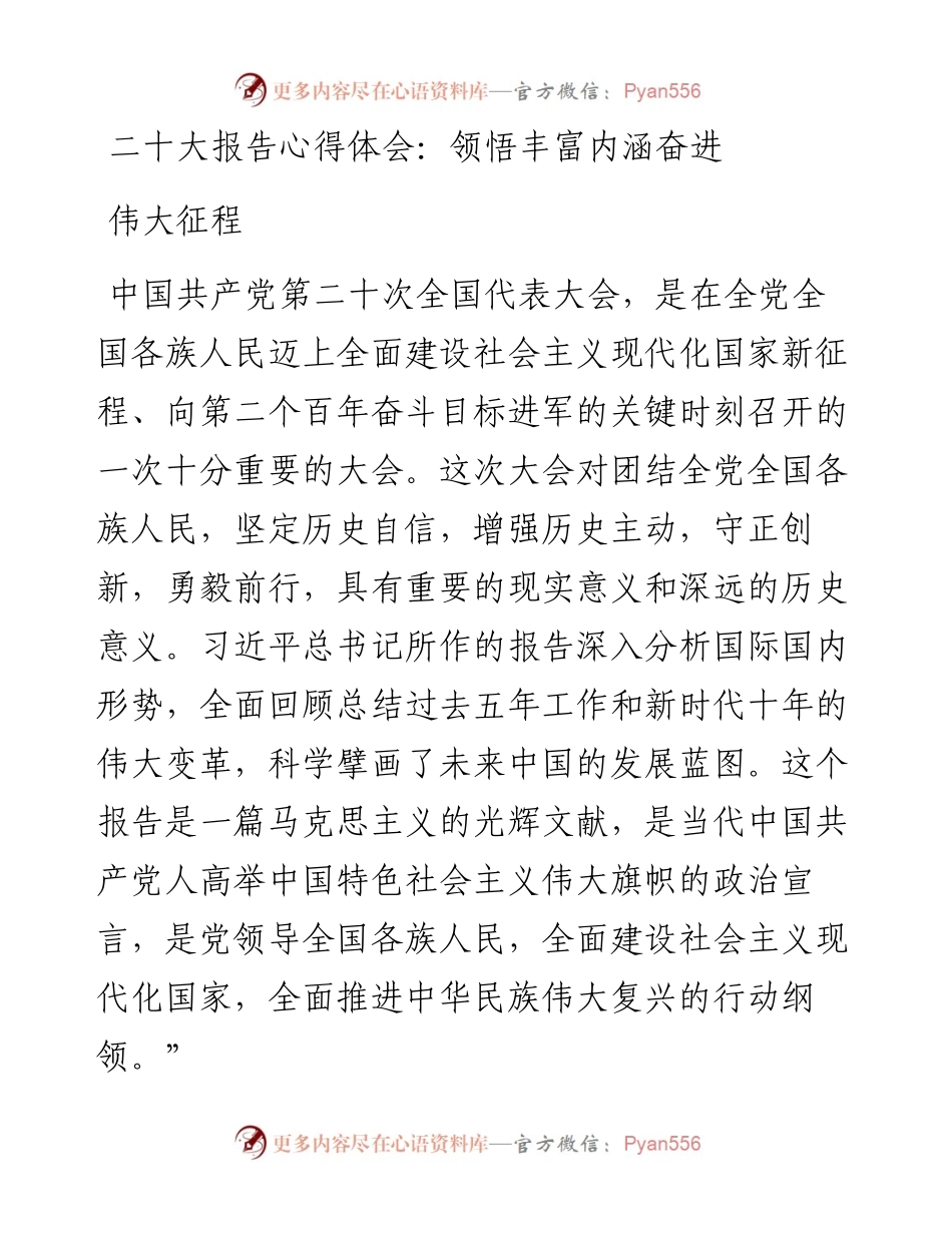 二十大报告心得体会：领悟丰富内涵奋进伟大征程.docx_第1页