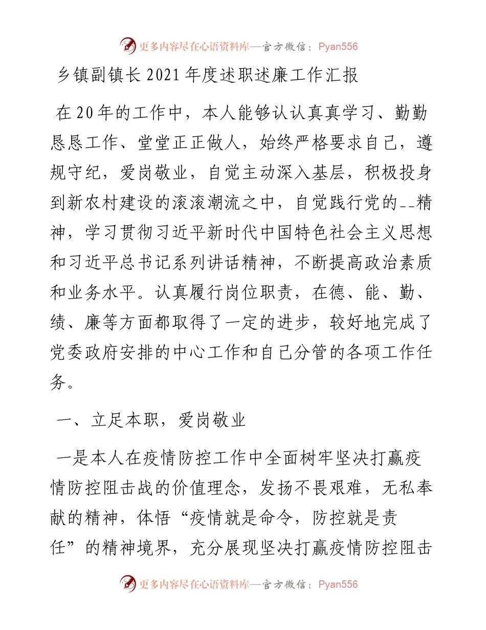 乡镇副镇长度述职述廉工作汇报.docx_第1页