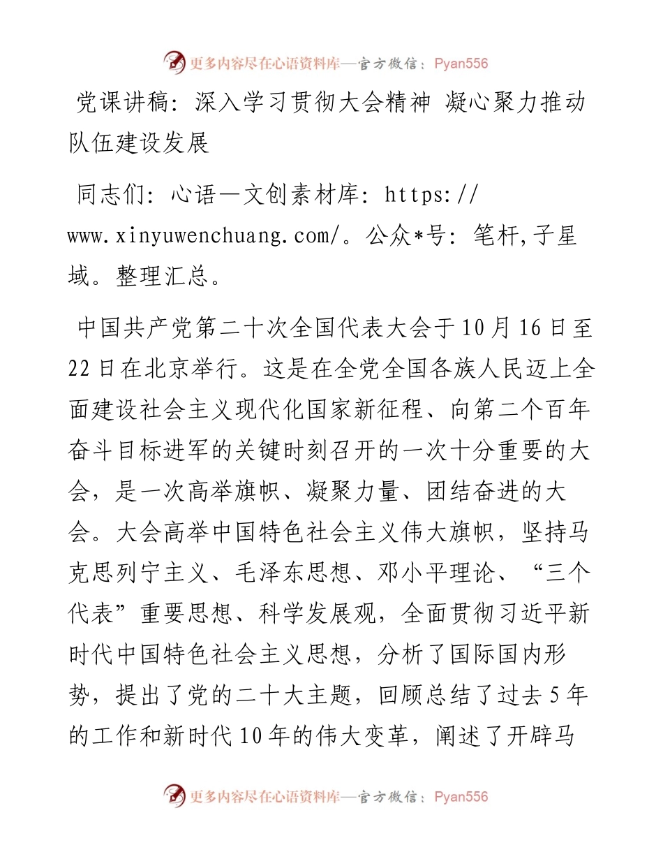 党课讲稿：深入学习贯彻大会精神 凝心聚力推动队伍建设发展.docx_第1页