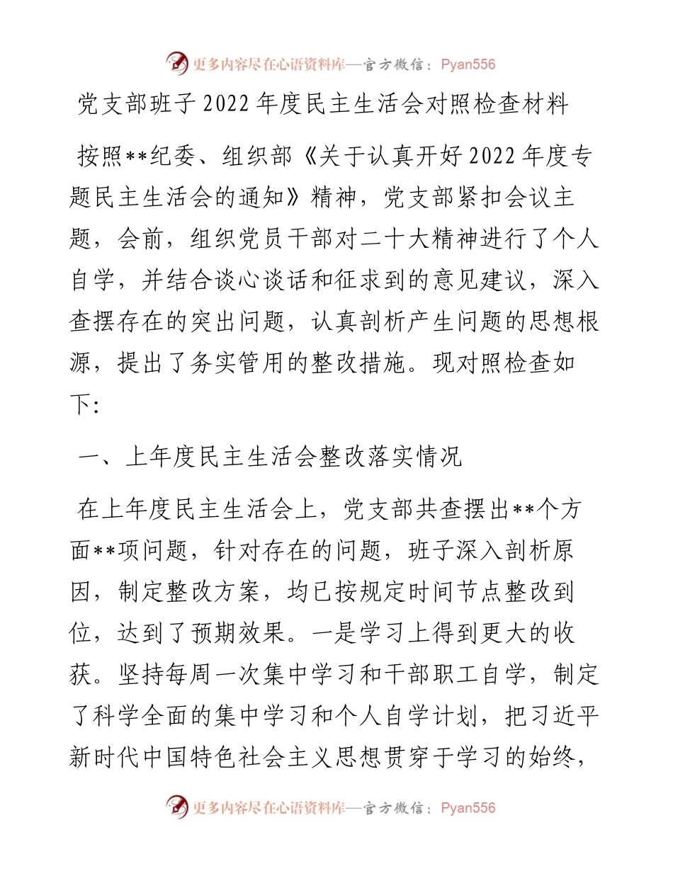 党支部班子度民主生活会对照检查材料.docx_第1页