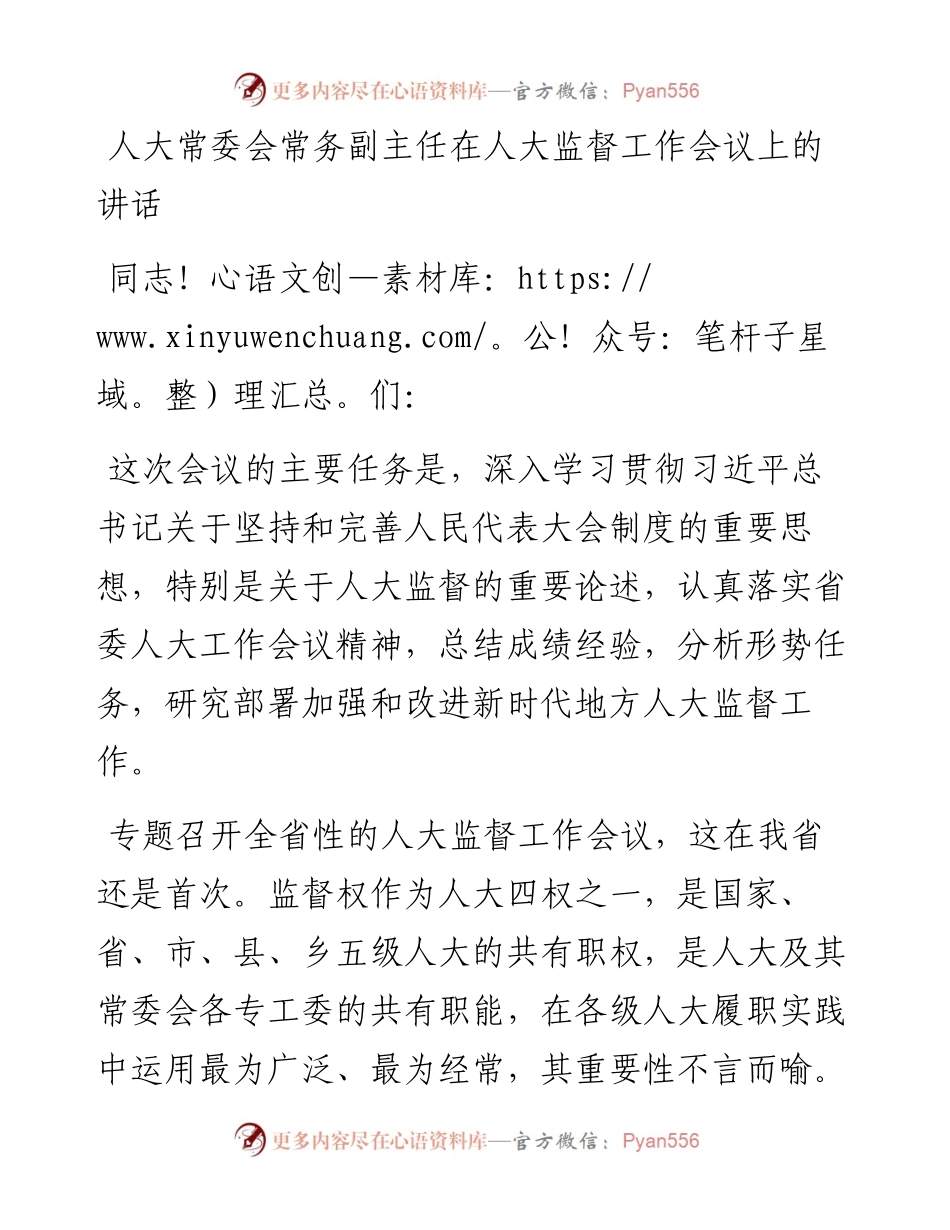 人大常委会常务副主任在人大监督工作会议上的讲话.docx_第1页