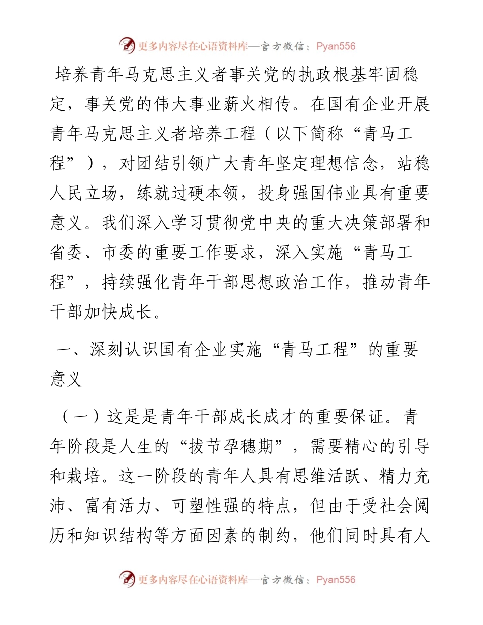专题党课：实施“青马工程”，强化青年干部思想政治工作，推动青年干部加快成长.docx_第1页