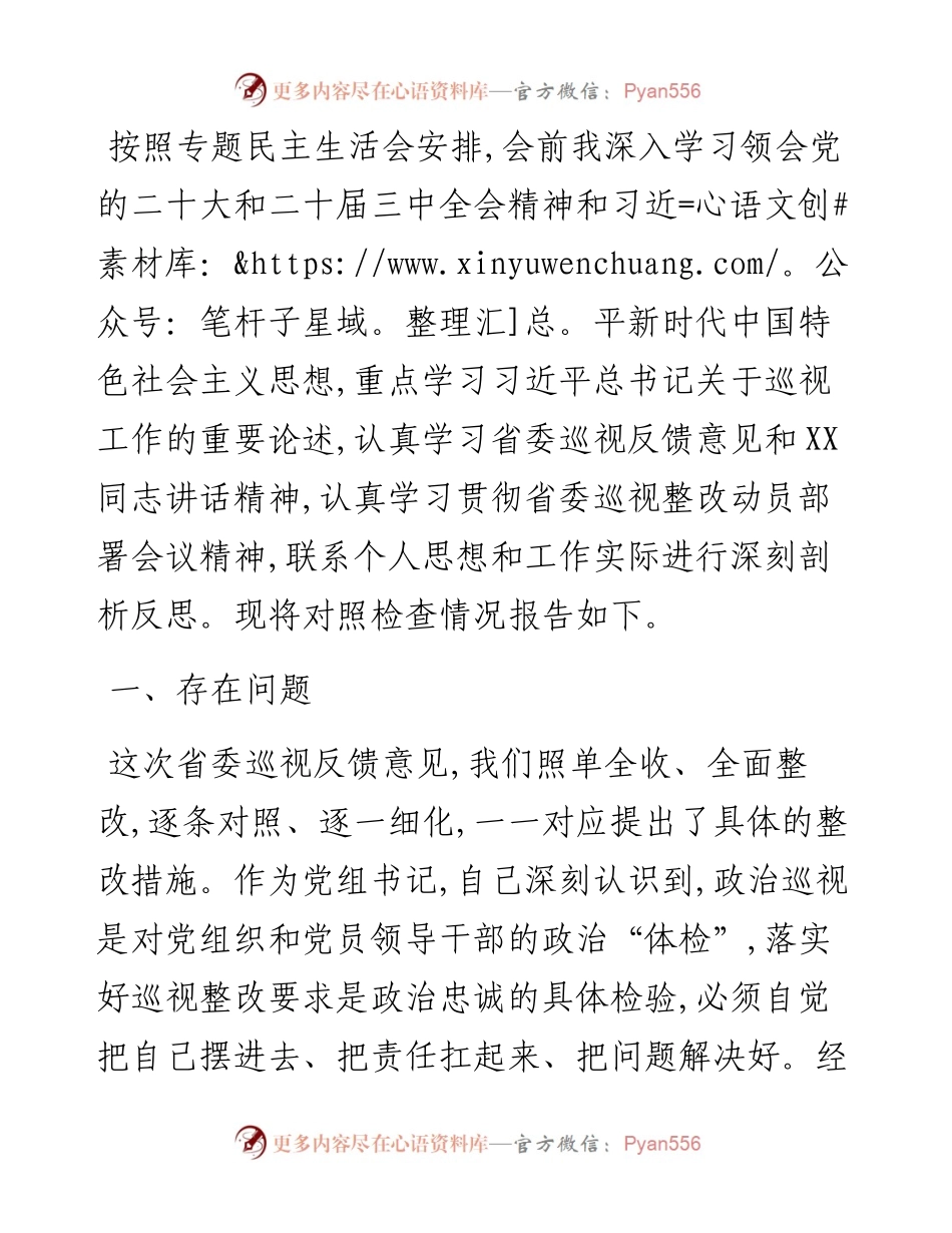 党组书记巡视整改专题民主生活会对照检查.docx_第1页