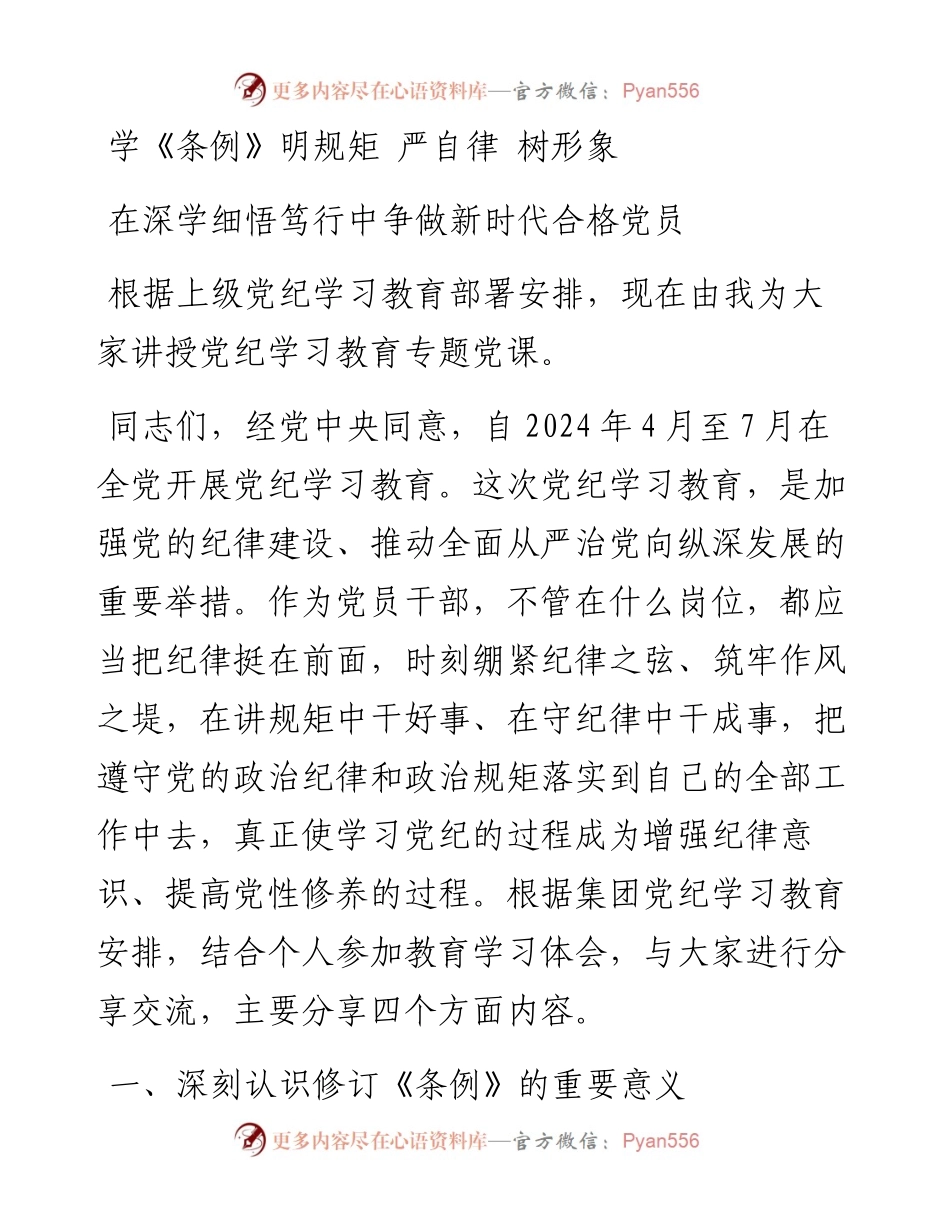 党课讲稿：学《条例》 明规矩 严自律 树形象 在深学细悟笃行中争做新时代合格党员.docx_第1页