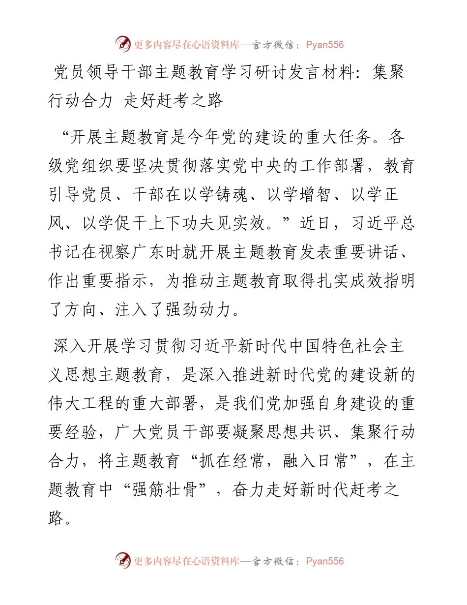 党员领导干部主题教育学习研讨发言材料：集聚行动合力+走好赶考之路.docx_第1页