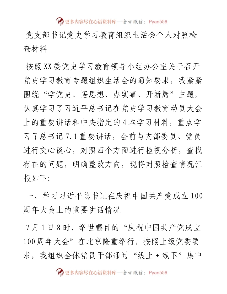 党史专题组织生活会个人对照检查（支部书记）.docx_第1页