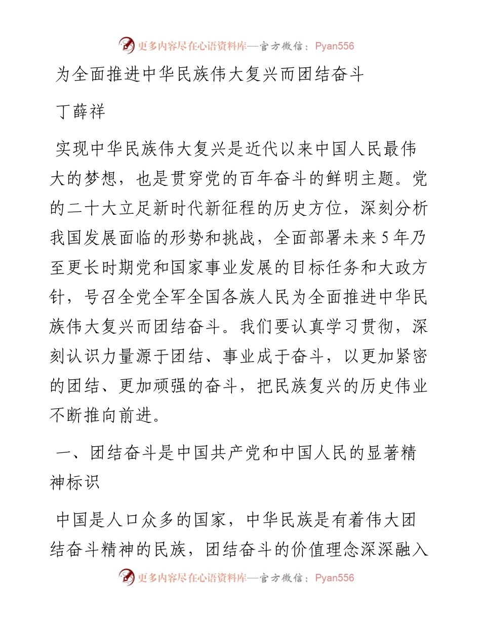 丁薛祥：为全面推进中华民族伟大复兴而团结奋斗.docx_第1页