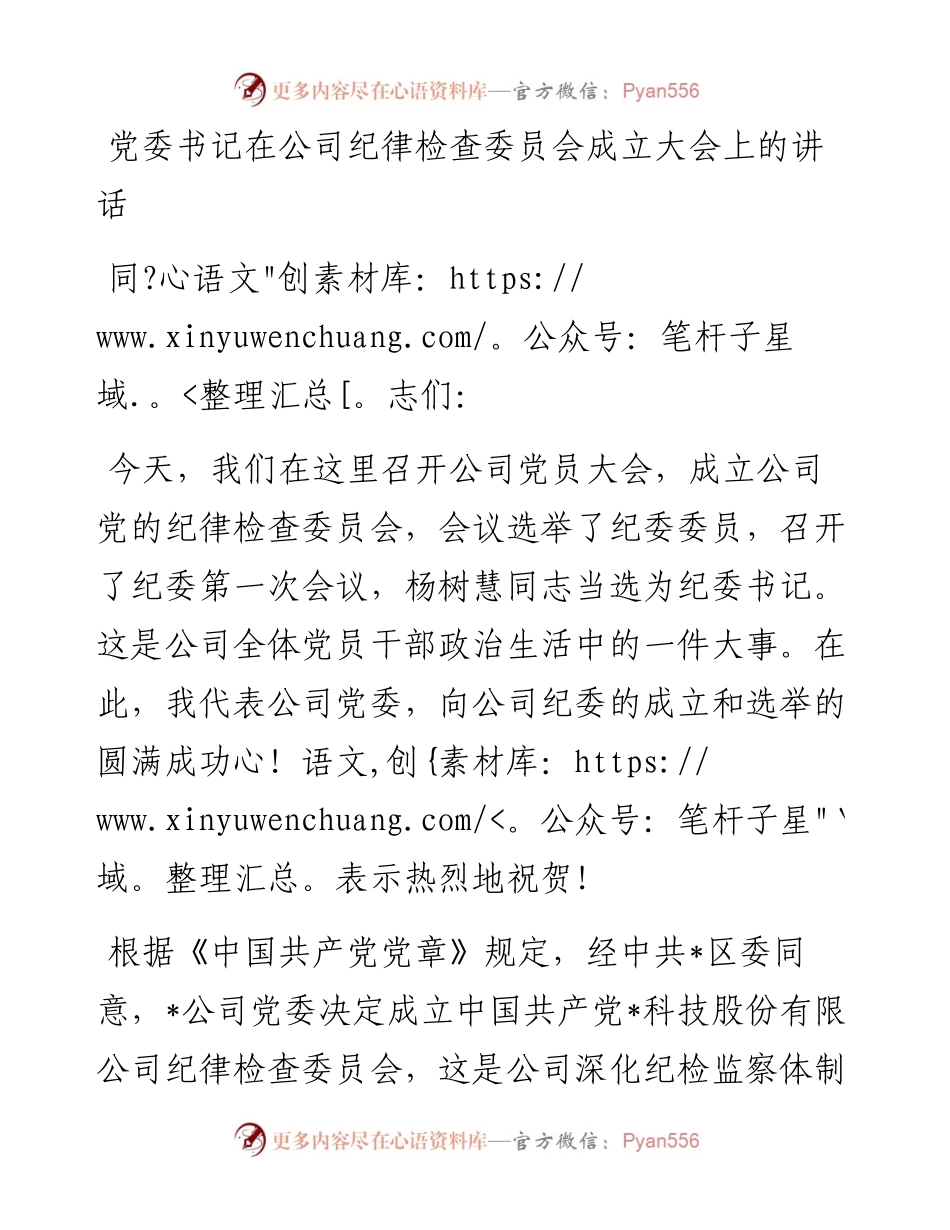 党委书记在公司纪律检查委员会成立大会上的讲话.docx_第1页
