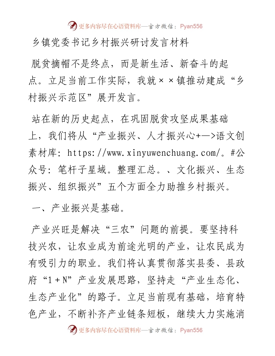 乡镇党委书记乡村振兴研讨发言材料.docx_第1页