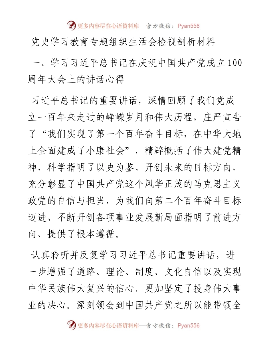 党史学习教育专题组织生活会检视剖析材料(1).docx_第1页
