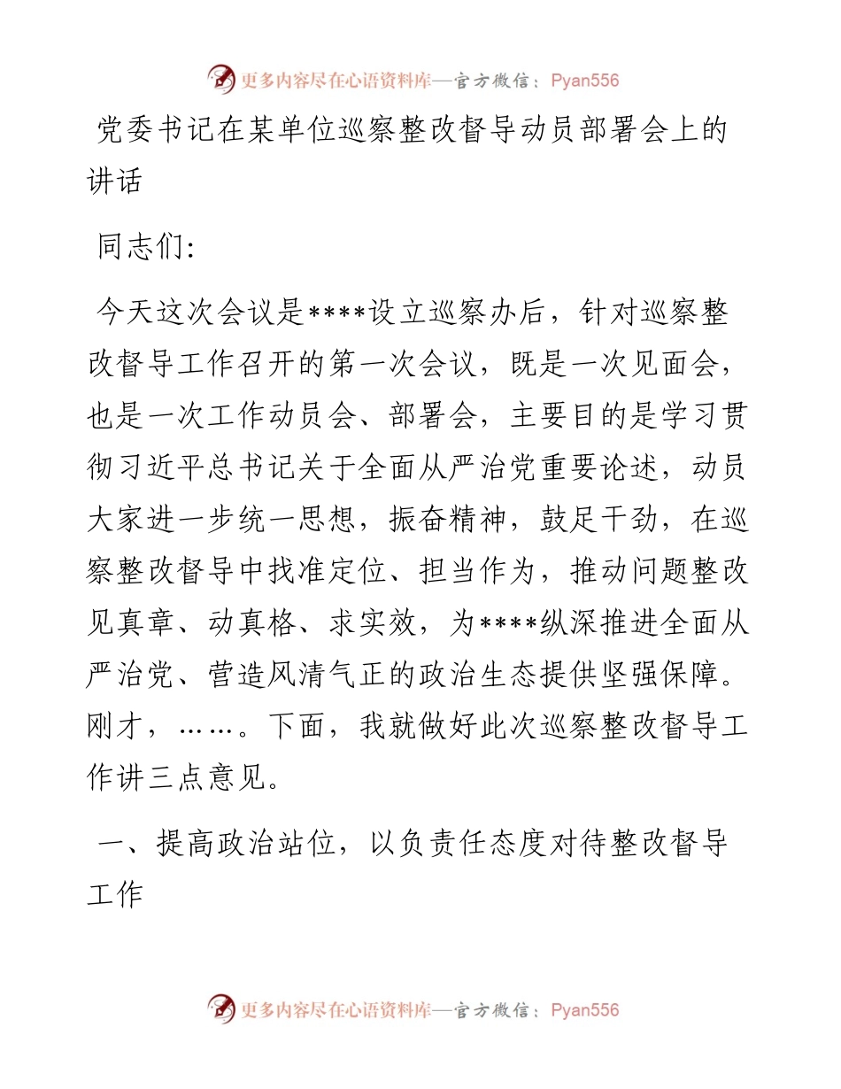 党委书记在某单位巡察整改督导动员部署会上的讲话.docx_第1页
