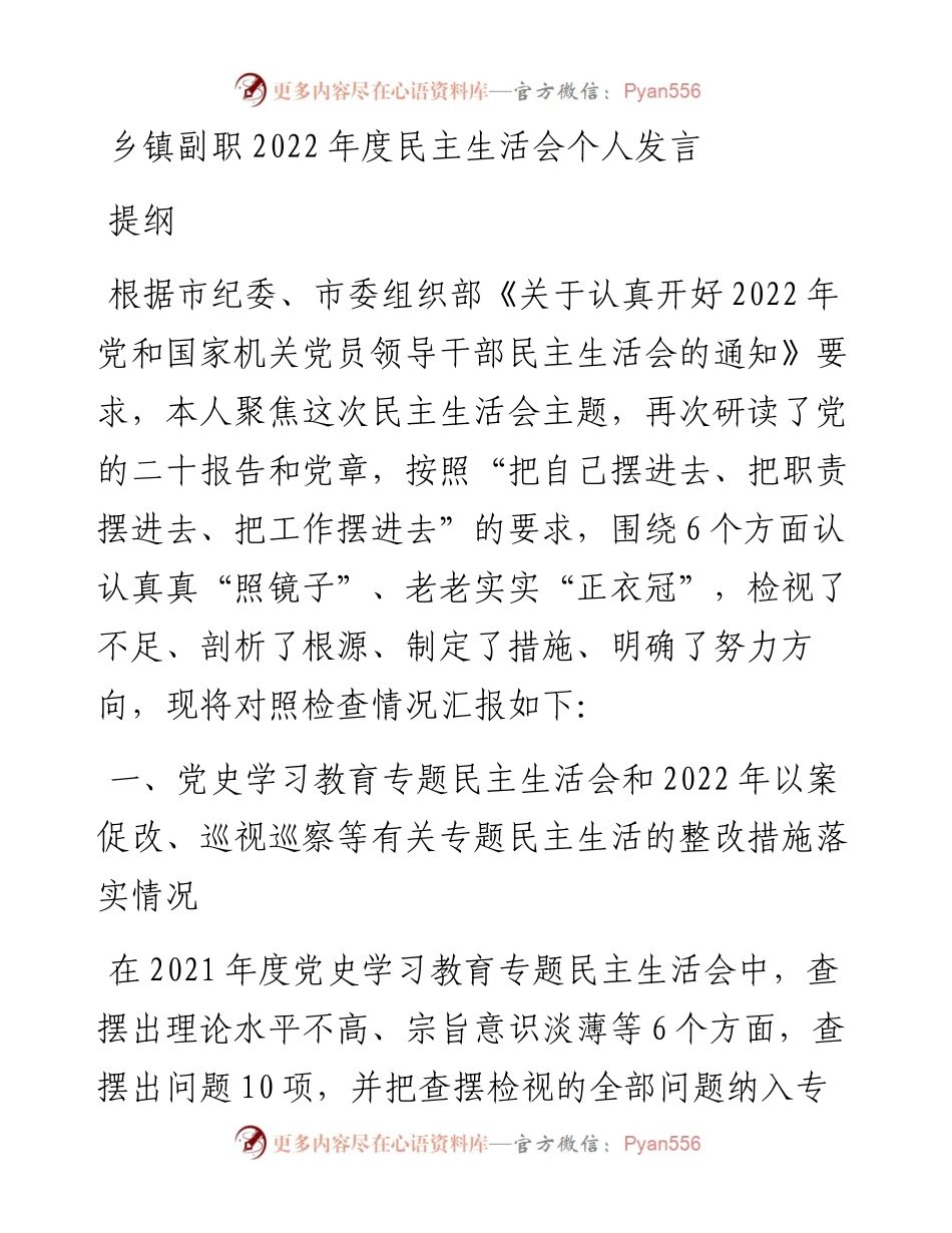 乡镇副职度民主生活会个人发言提纲.docx_第1页