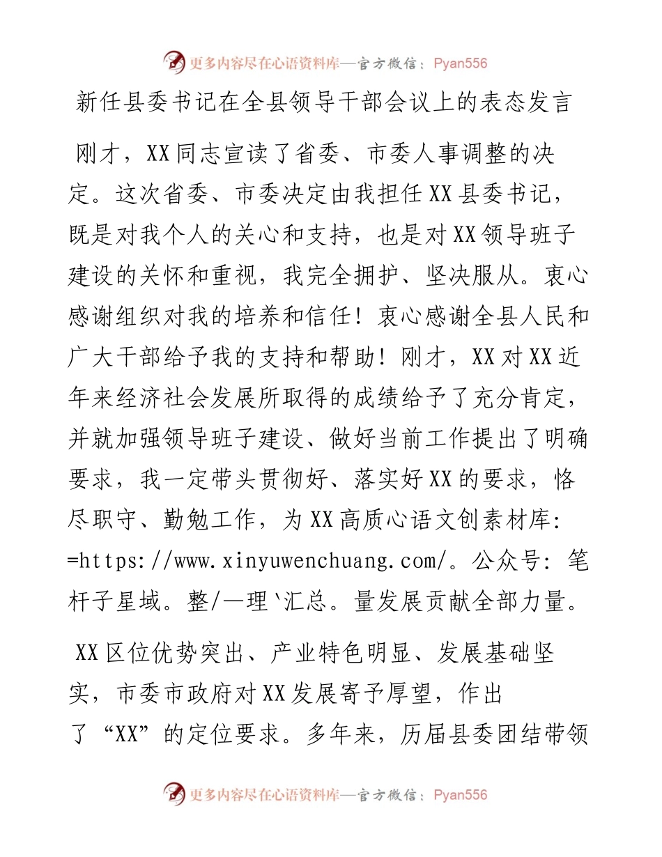 党委系统任职讲话：新任县委书记在全县领导干部会议上的表态发言.docx_第1页