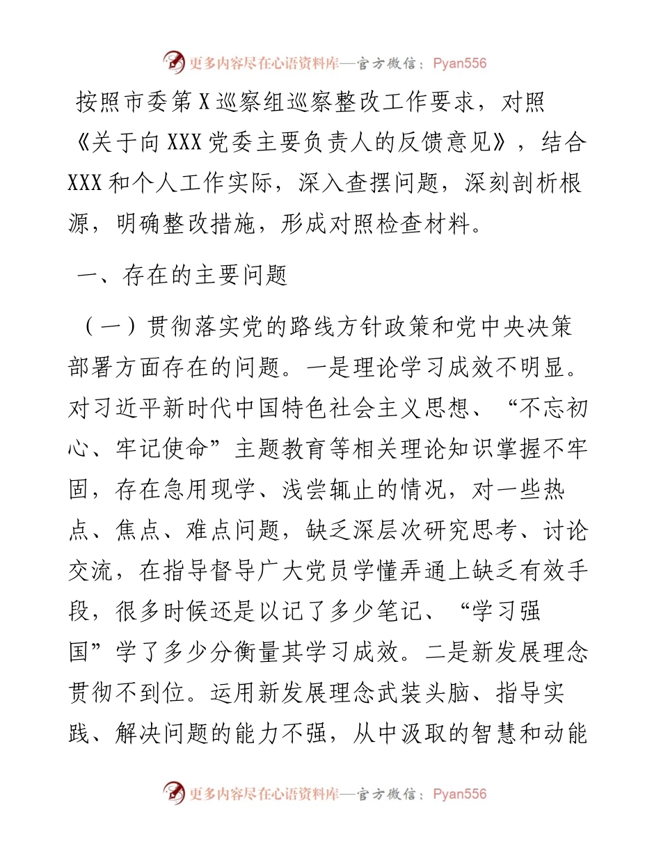 乡镇党委书记巡察整改专题民主生活会对照检查材料.docx_第1页