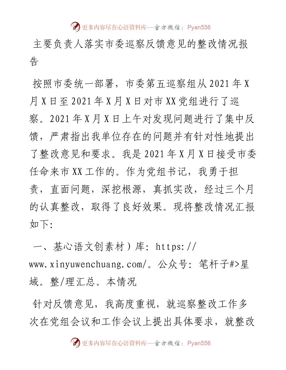 主要负责人落实市委巡察反馈意见的整改情况报告.docx_第1页