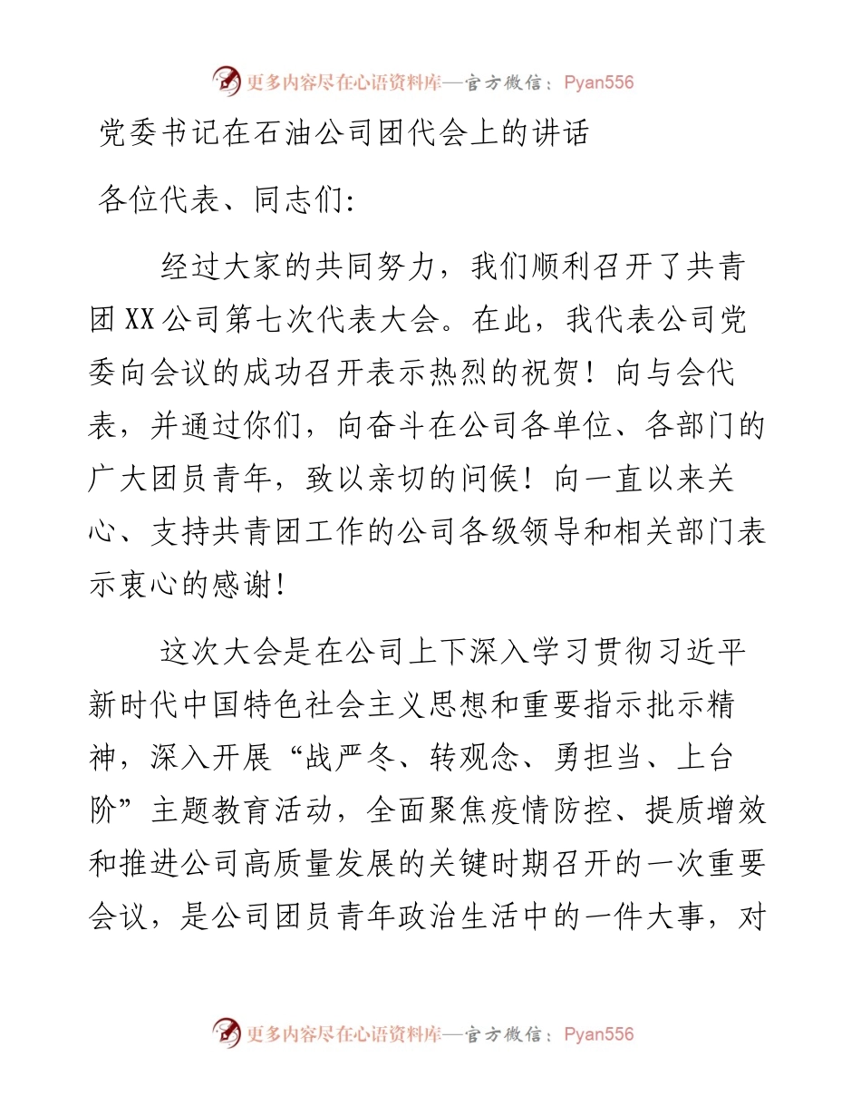 党委书记在石油公司团代会上的讲话 .docx_第1页