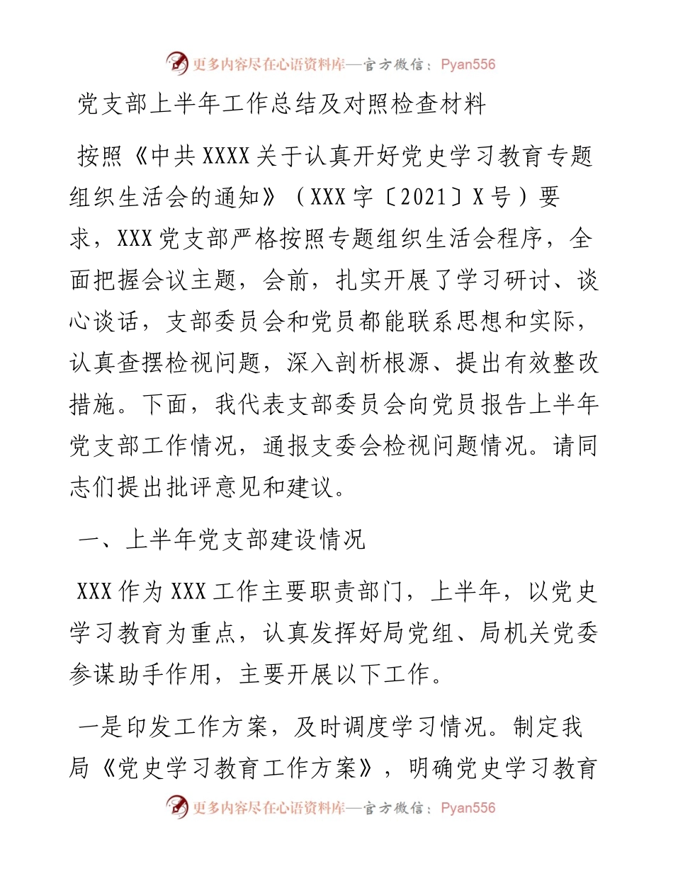 党支部上半年工作总结及对照检查材料.docx_第1页