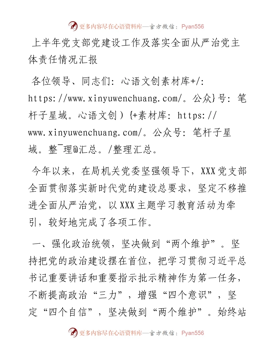 上半年党支部党建设工作及落实全面从严治党主体责任情况汇报.docx_第1页