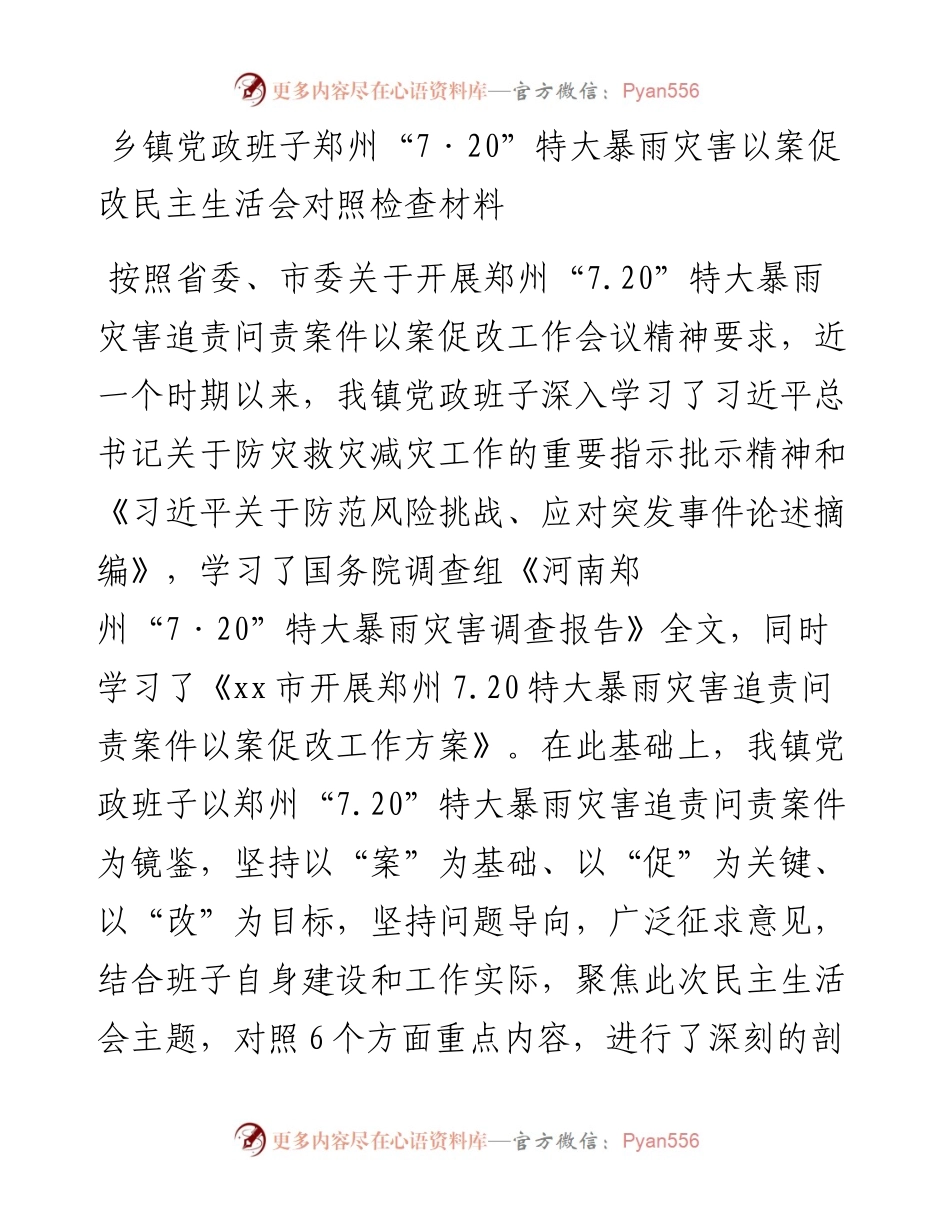 乡镇党政班子郑州“7·20”特大暴雨灾害以案促改民主生活会对照检查材料.docx_第1页