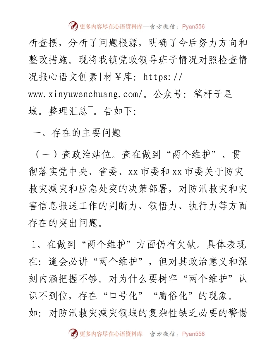 乡镇党政班子郑州“7·20”特大暴雨灾害以案促改民主生活会对照检查材料.docx_第2页
