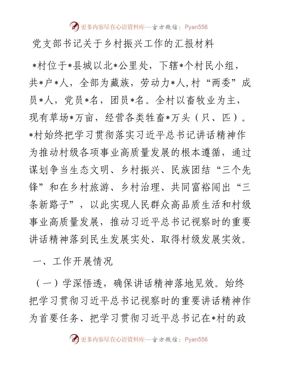党支部书记关于乡村振兴工作的汇报材料.docx_第1页
