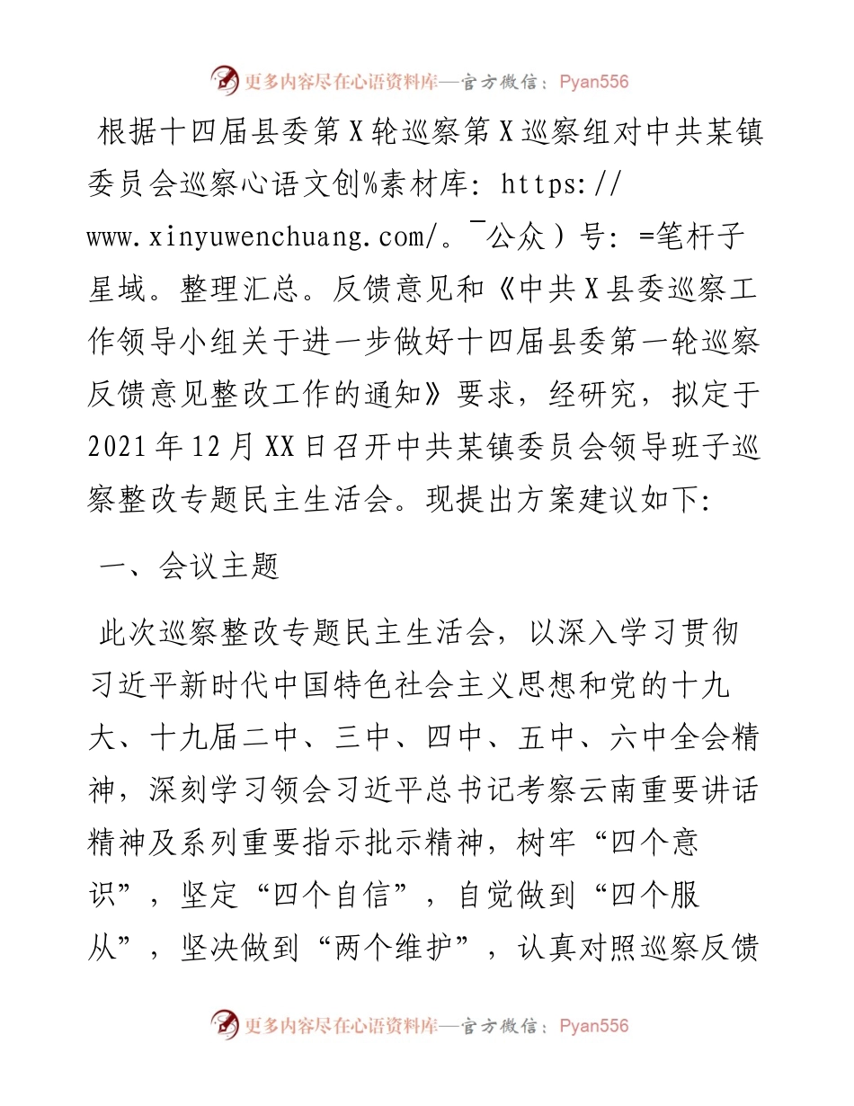 乡镇巡察整改专题民主生活会方案.docx_第1页