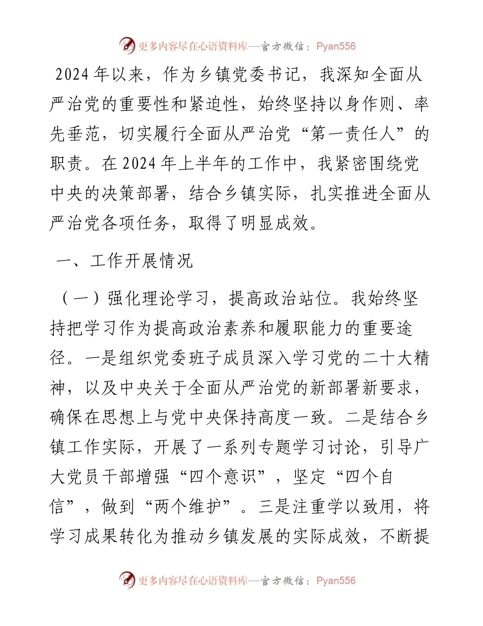 乡镇党委书记2024年上半年履行全面从严治党“第一责任人”情况报告.docx_第1页