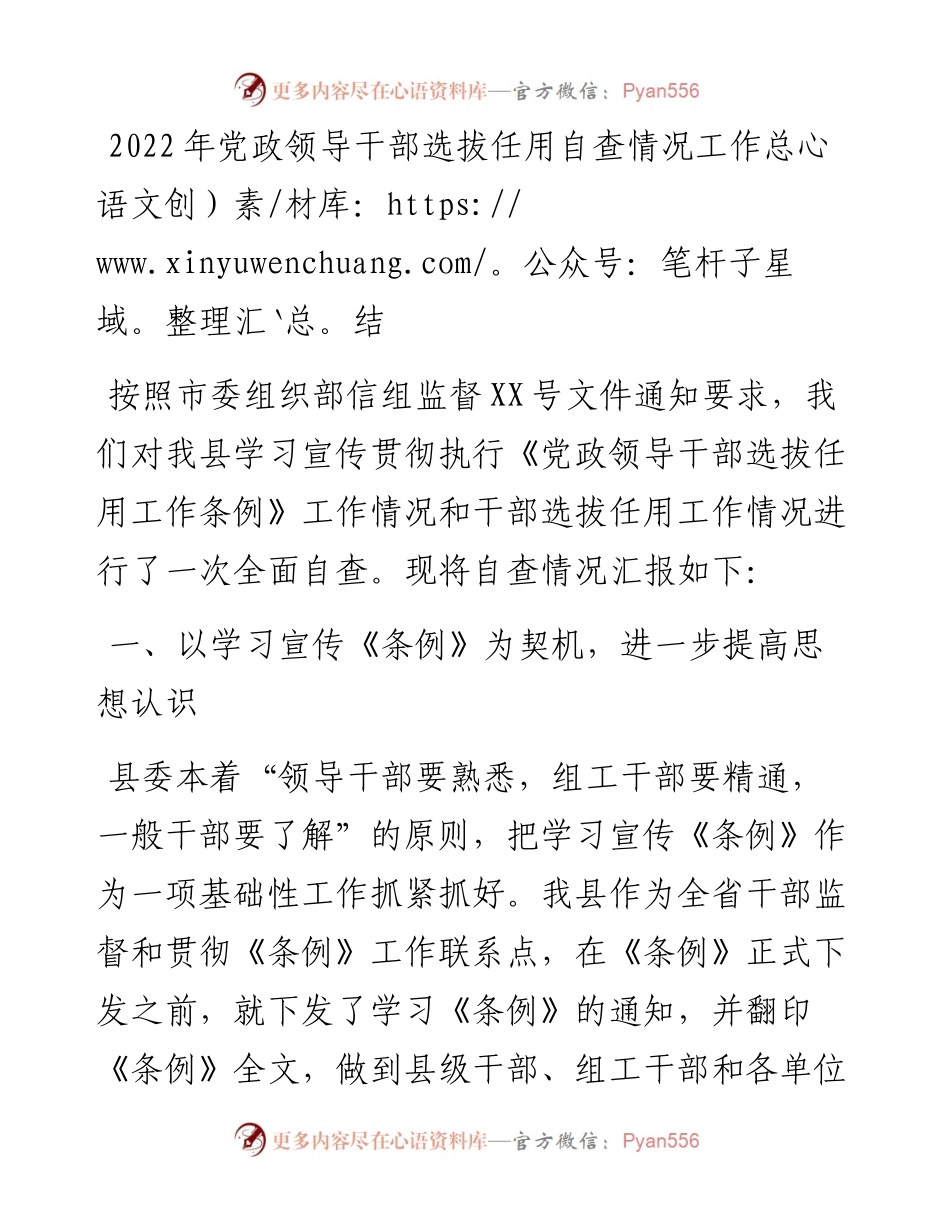 党政领导干部选拔任用自查情况工作总结.docx_第1页