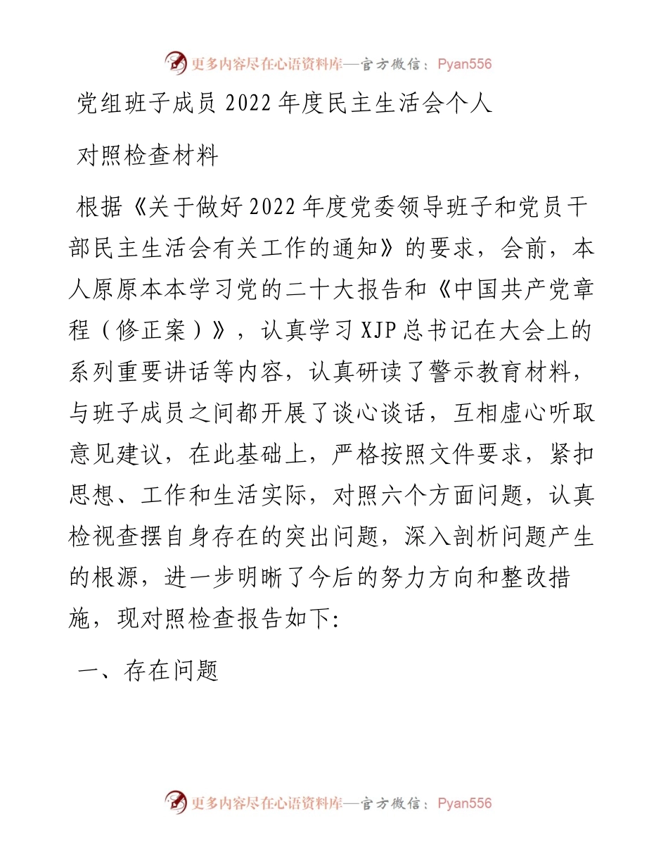 党组班子成员度民主生活会个人对照检查材料.docx_第1页