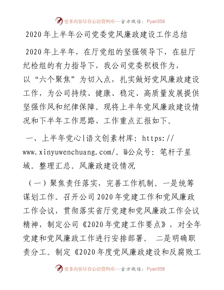 上半年公司党委党风廉政建设工作总结 (1).docx_第1页