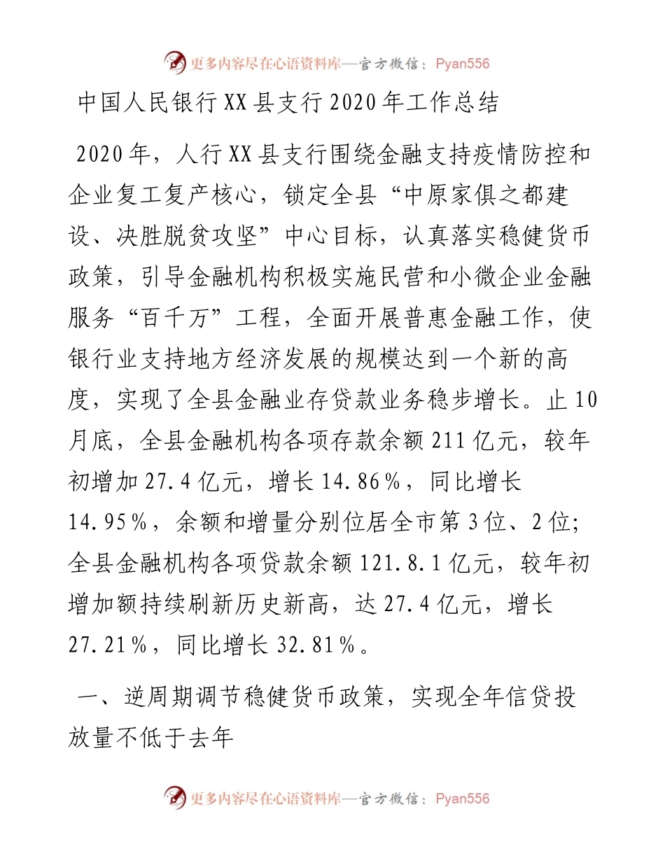 中国人民银行XX县支行工作总结.docx_第1页