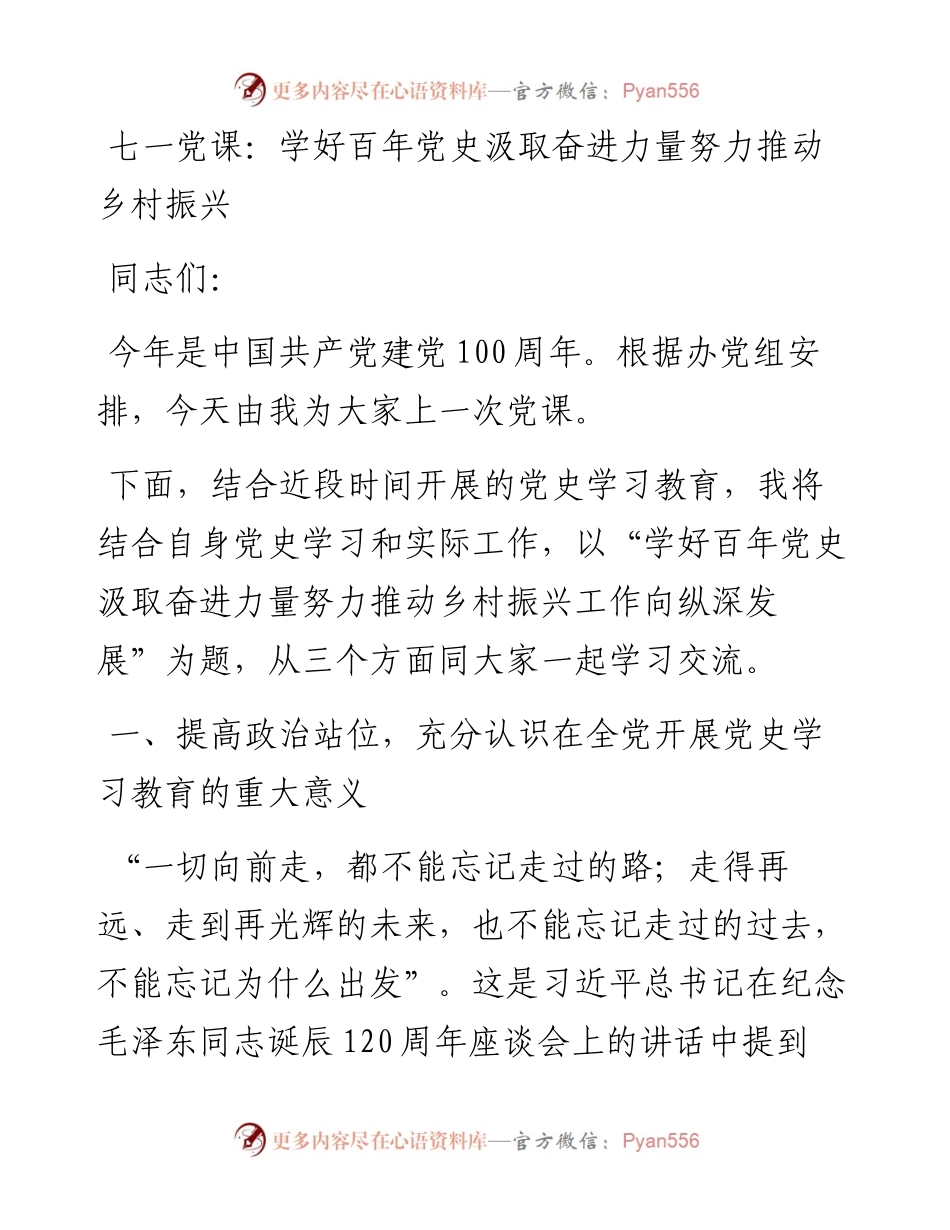 七一党课：学好百年党史 汲取奋进力量 努力推动乡村振兴.docx_第1页