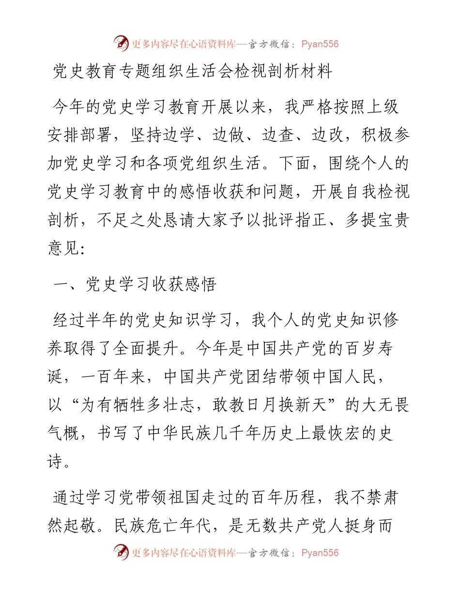 党史教育专题组织生活会个人检视剖析材料(1).docx_第1页