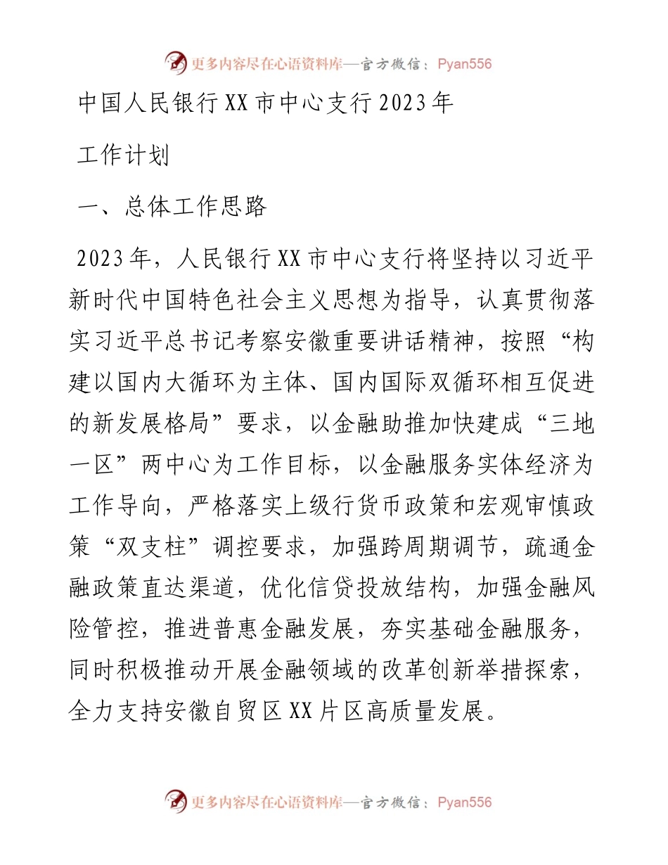 中国人民银行XX市中心支行2023年工作计划.docx_第1页