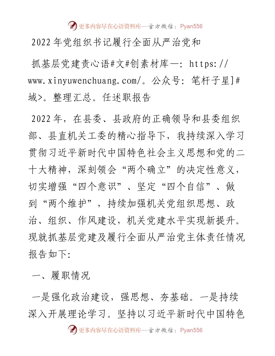 党组织书记履行全面从严治党和抓基层党建责任述职报告.docx_第1页