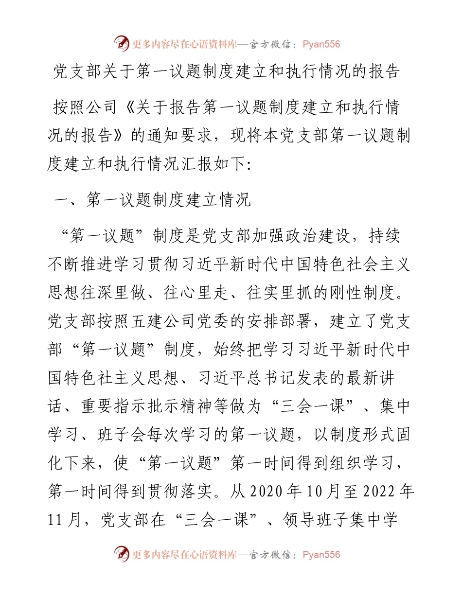 党支部关于第一议题制度建立和执行情况的报告.docx_第1页