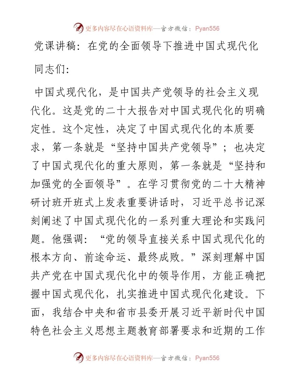 党课讲稿：在党的全面领导下推进中国式现代化.docx_第1页