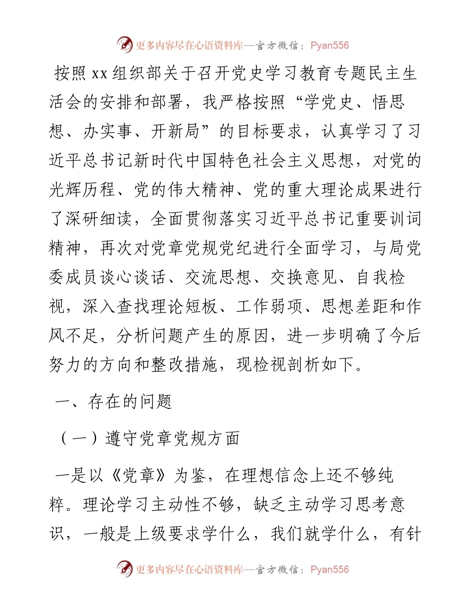 党史学习教育专题民主生活会对照检查.docx_第1页