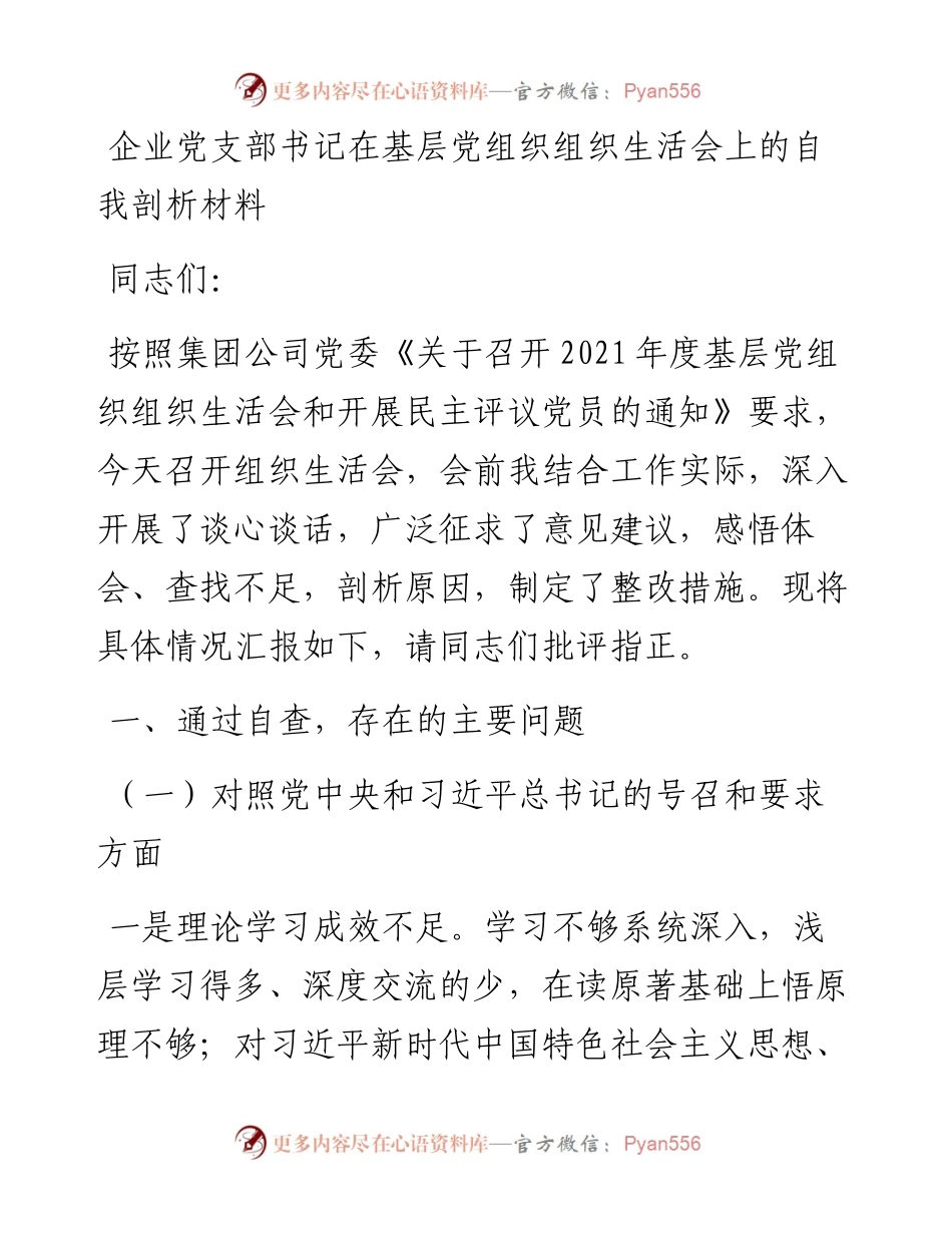 企业党支部书记在基层党组织组织生活会上的自我剖析材料.docx_第1页