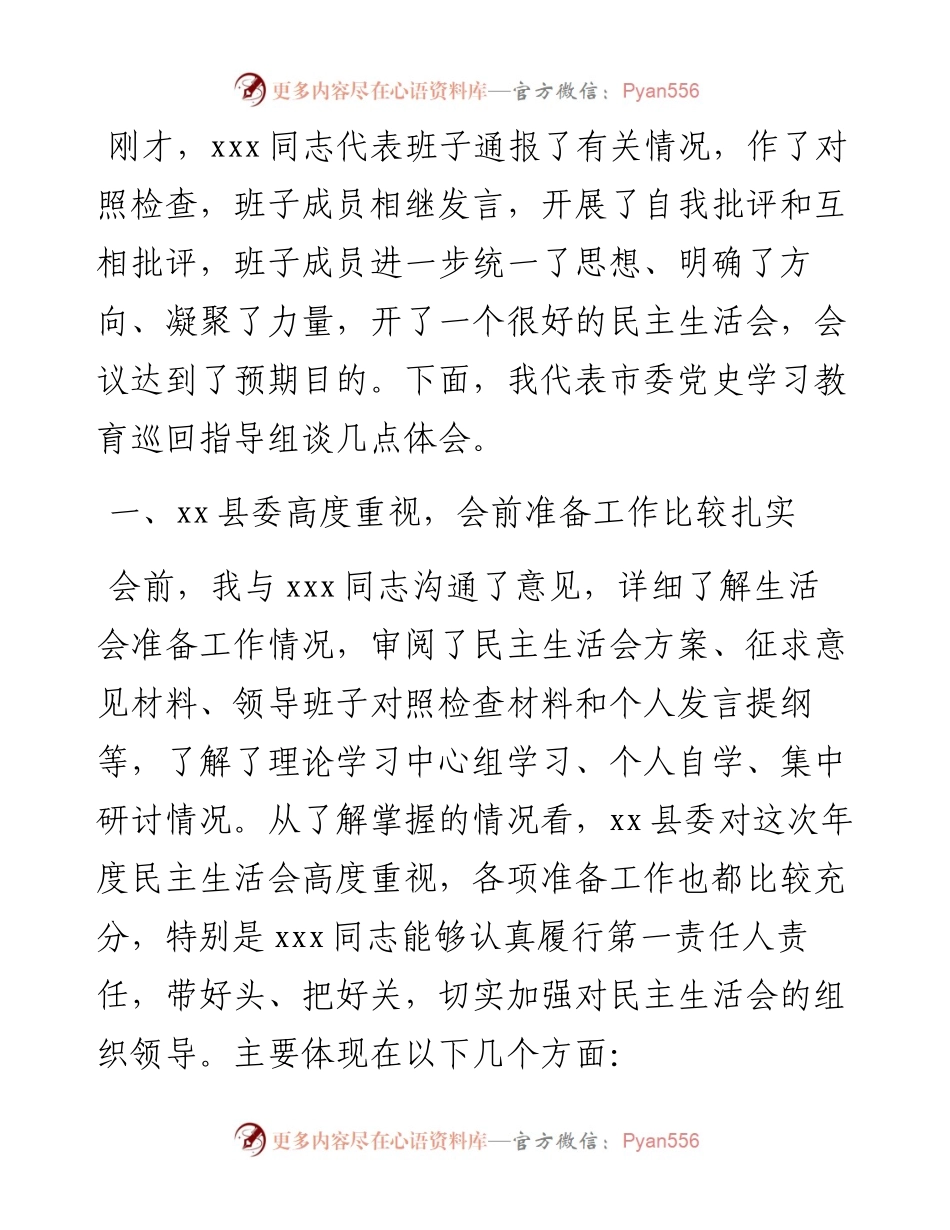 党史学习教育专题民主生活会督导组组长点评讲话.docx_第1页