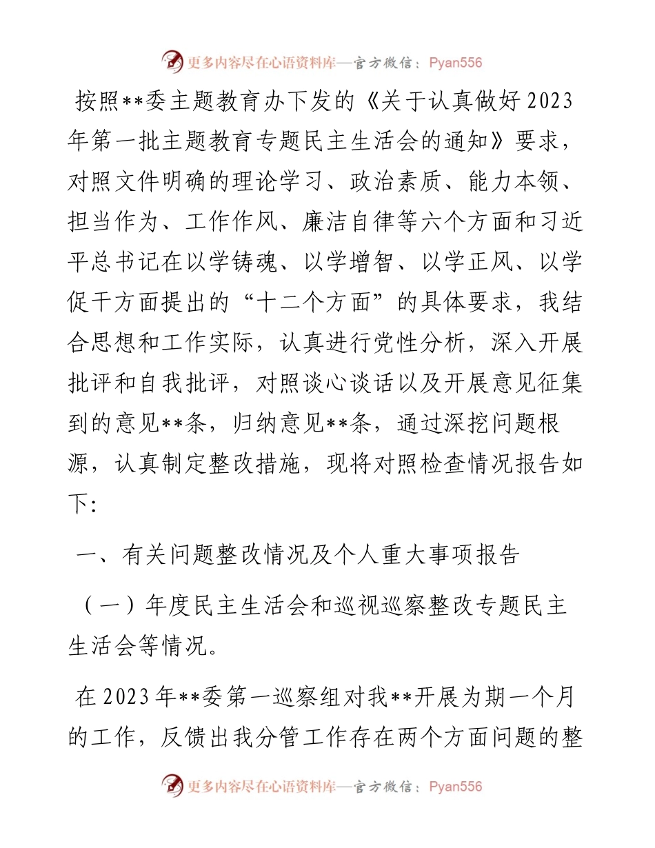 党员领导干部2023年主题教育专题民主生活会个人对照检查材料.docx_第1页