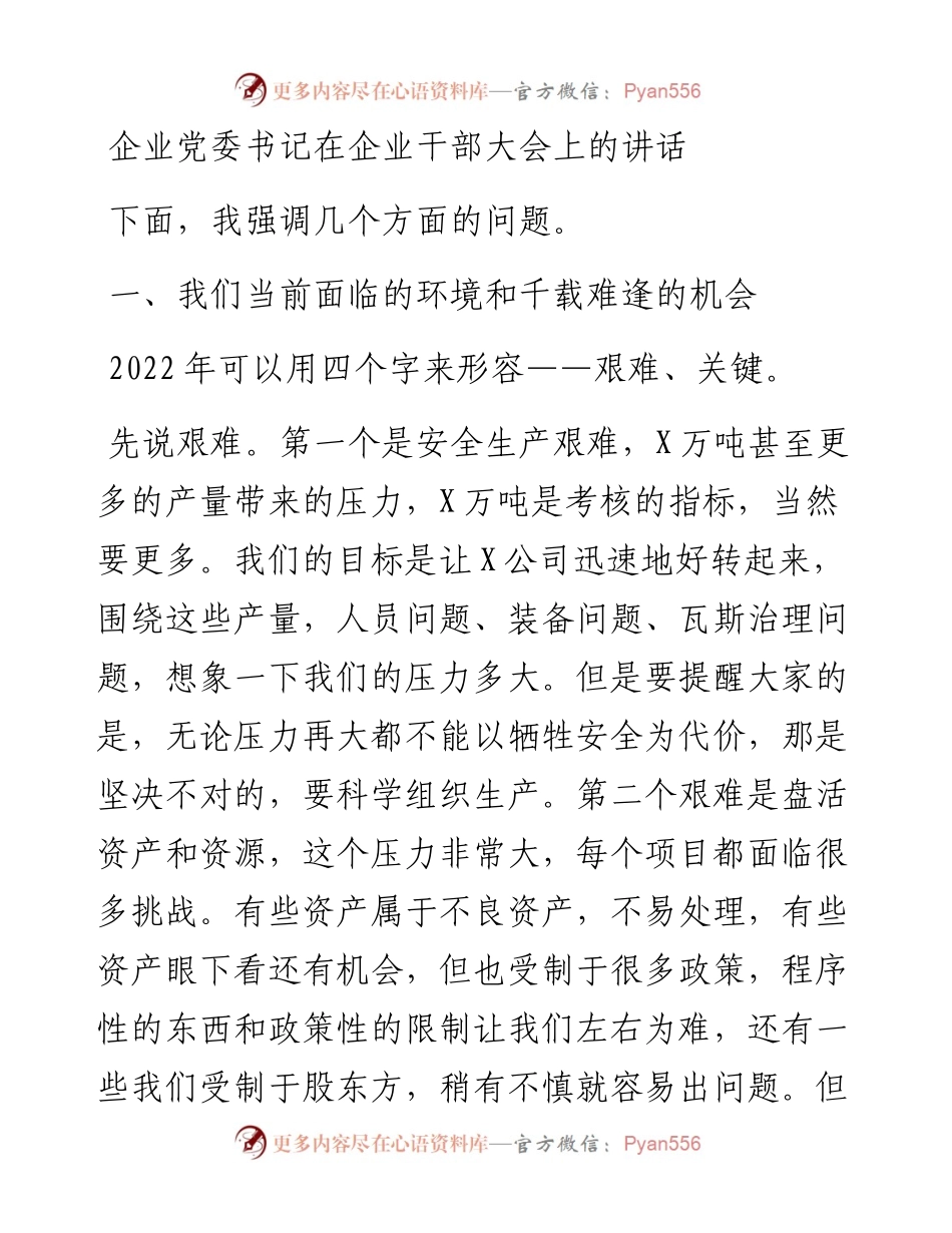 企业党委书记在企业干部大会上的讲话.docx_第1页