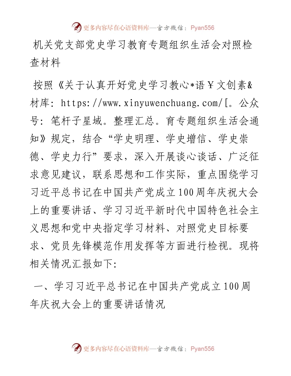 党支部班子党史专题组织生活会对照检查材料(1).docx_第1页