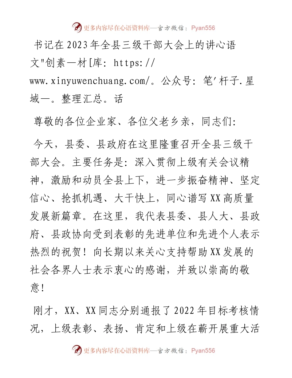 书记在2023年全县三级干部大会上的讲话.docx_第1页
