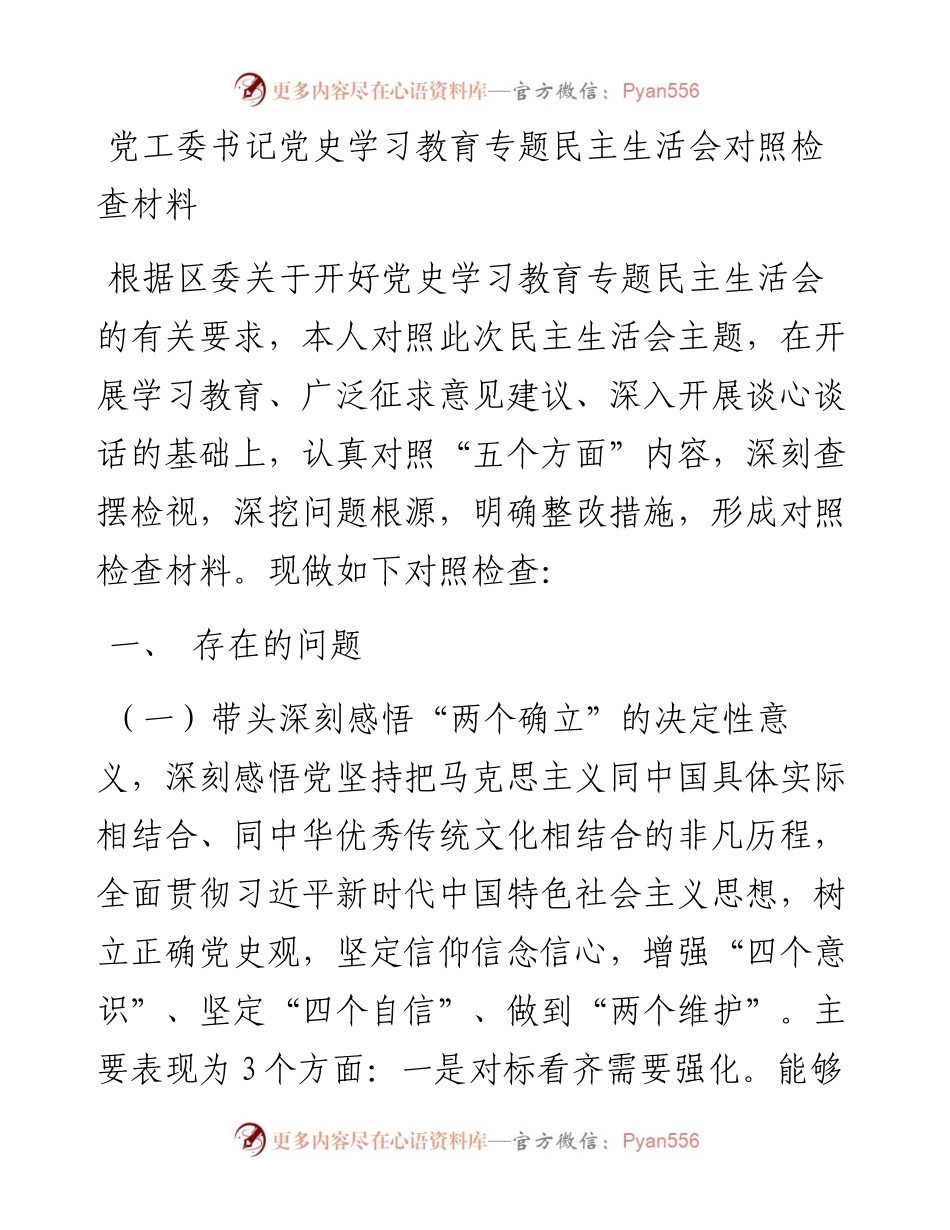 党工委书记党史学习教育专题民主生活会对照检查材料 (2).docx_第1页