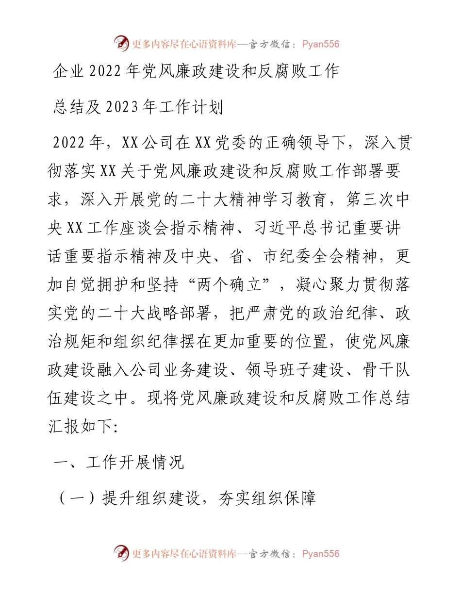 企业党风廉政建设和反腐败工作总结及2023年工作计划 (2).docx_第1页