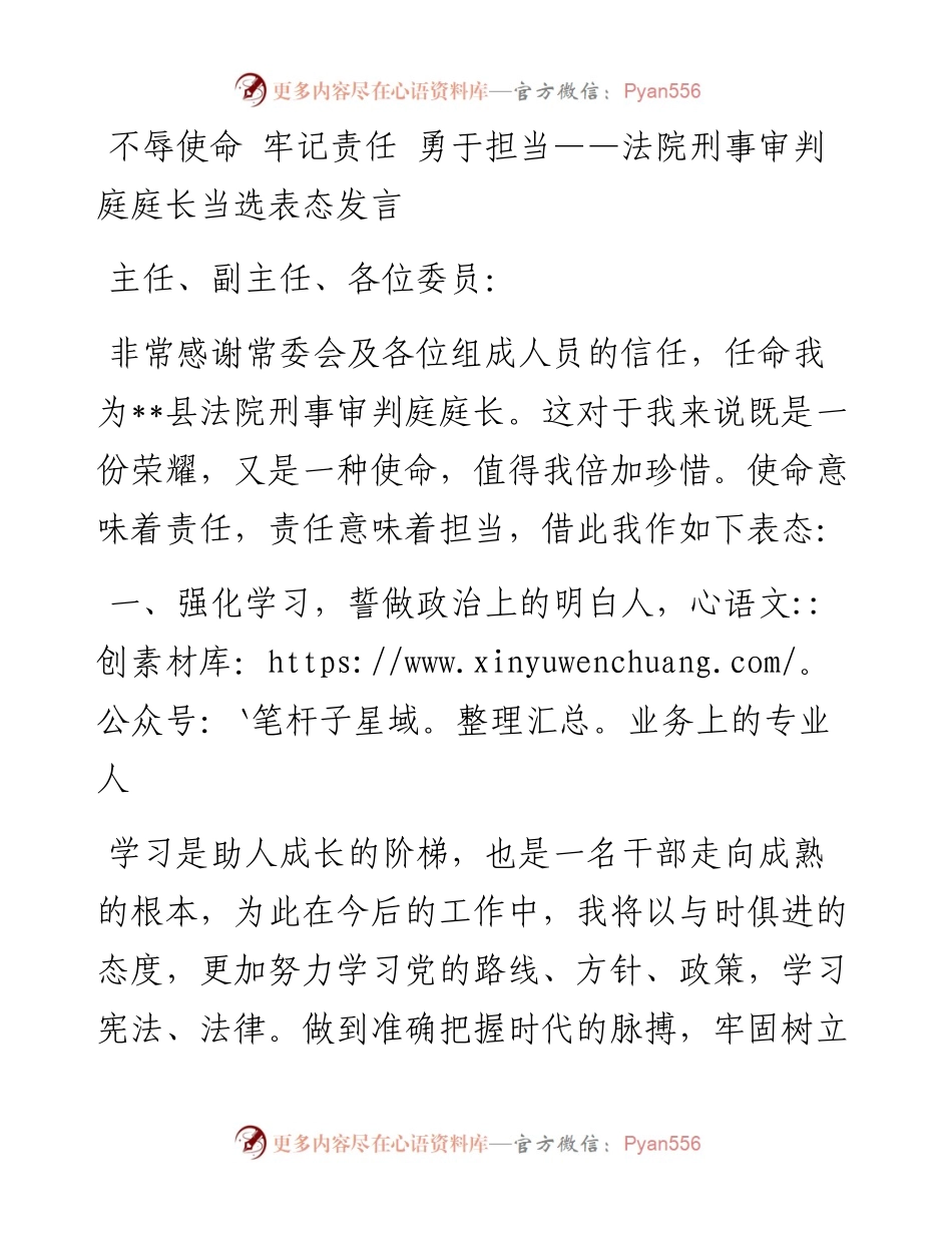 不辱使命 牢记责任 勇于担当：法院刑事审判庭庭长当选表态发言.docx_第1页