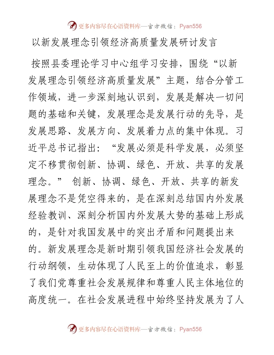 以新发展理念引领经济高质量发展研讨发言.docx_第1页