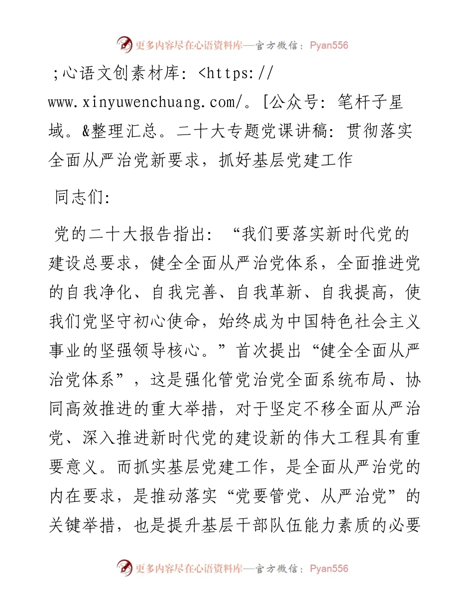二十大专题党课讲稿：贯彻落实全面从严治党新要求，抓好基层党建工作.docx_第1页